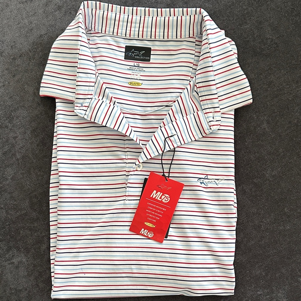 Greg Norman Collection White Polo with Red and Blue Stripes